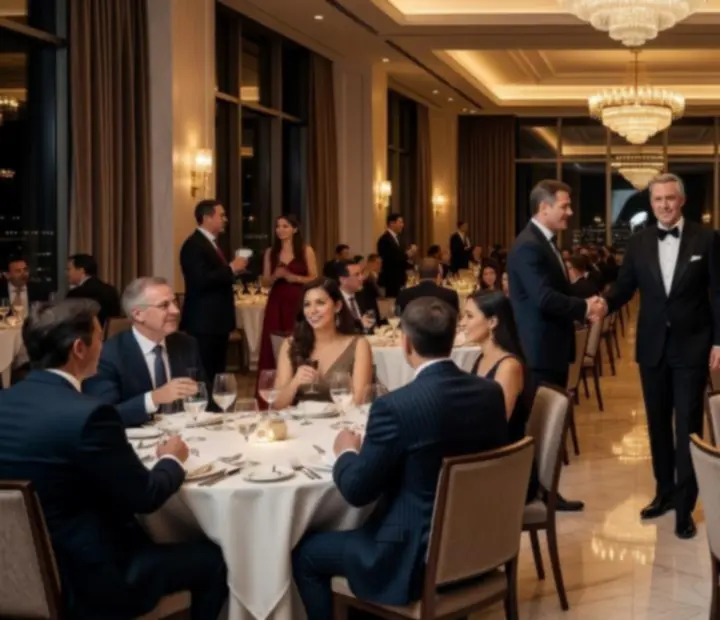 Uczestnicy eleganckiej gali firmowej w luksusowej sali bankietowej