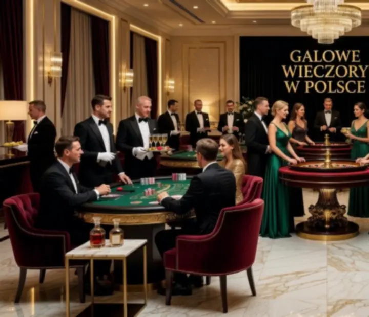 Luksusowa sala eventowa z eleganckimi stołami do gry i nastrojowym oświetleniem