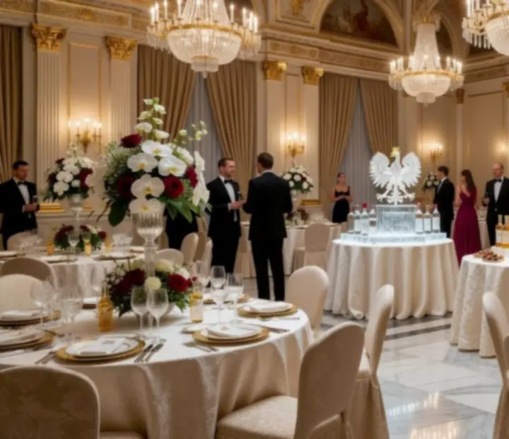 Luksusowa sala bankietowa przygotowana na firmowy wieczór z eleganckimi stołami i nastrojowym oświetleniem