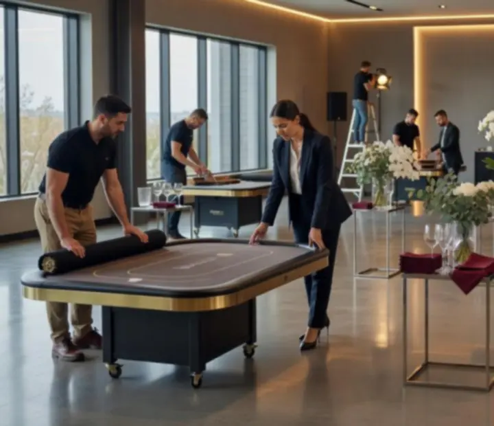 Przygotowania mobilnego wydarzenia z eleganckimi stołami i oświetleniem w luksusowej przestrzeni