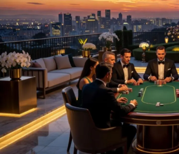 Plenerowy wiecz&oacute;r pokerowy z eleganckim oświetleniem