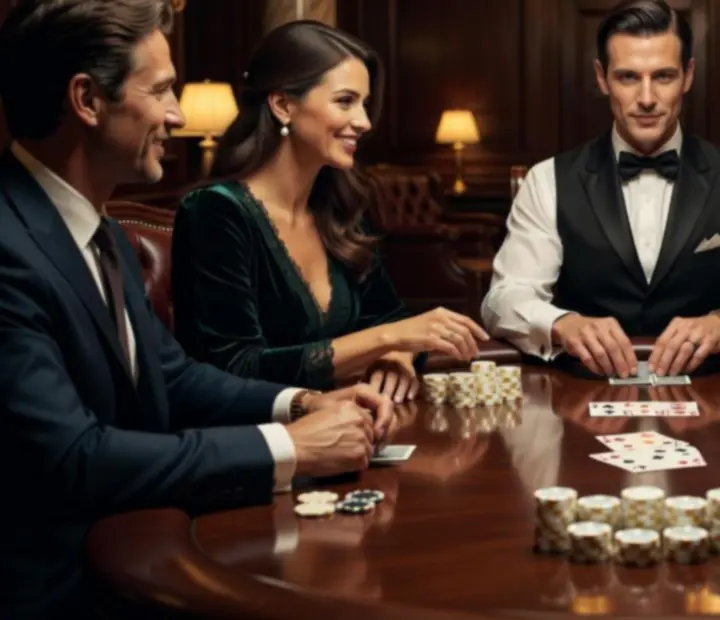 Ekskluzywna aranżacja stołu pokerowego z symbolicznymi żetonami i nastrojowym światłem