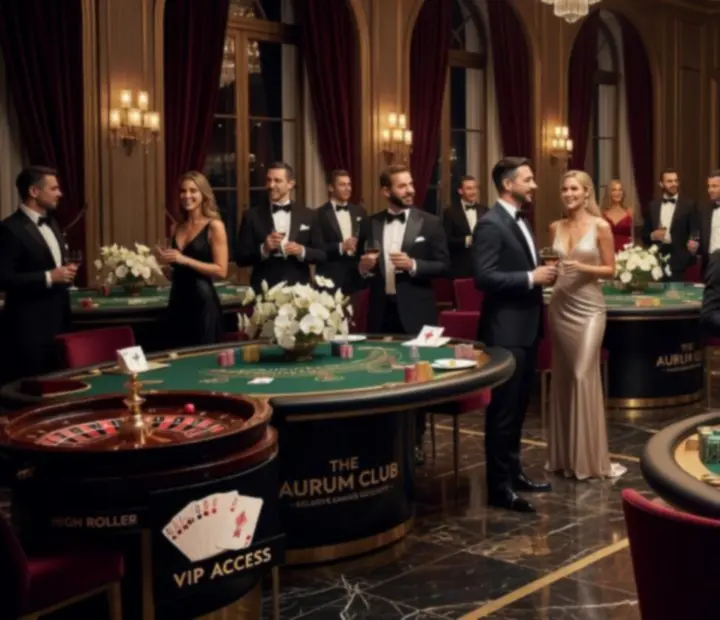 Cinematiczny widok luksusowego eventu z eleganckimi stołami do gier i oświetleniem premium