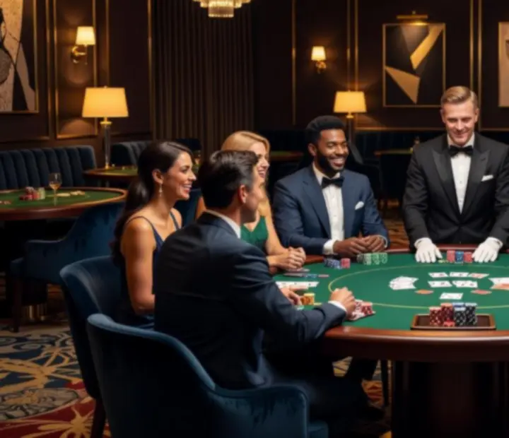 Goście bawiący się przy pokerowym stole podczas eleganckiego eventu