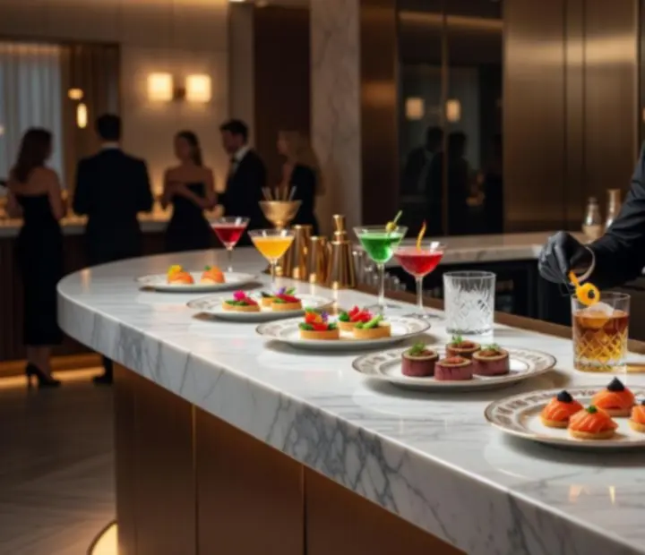 Wykwintny catering i kolorowe koktajle serwowane podczas luksusowego eventu VIP