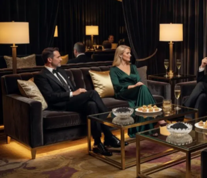 Stylowy klubowy lounge VIP z eleganckimi sofami i nastrojowym oświetleniem